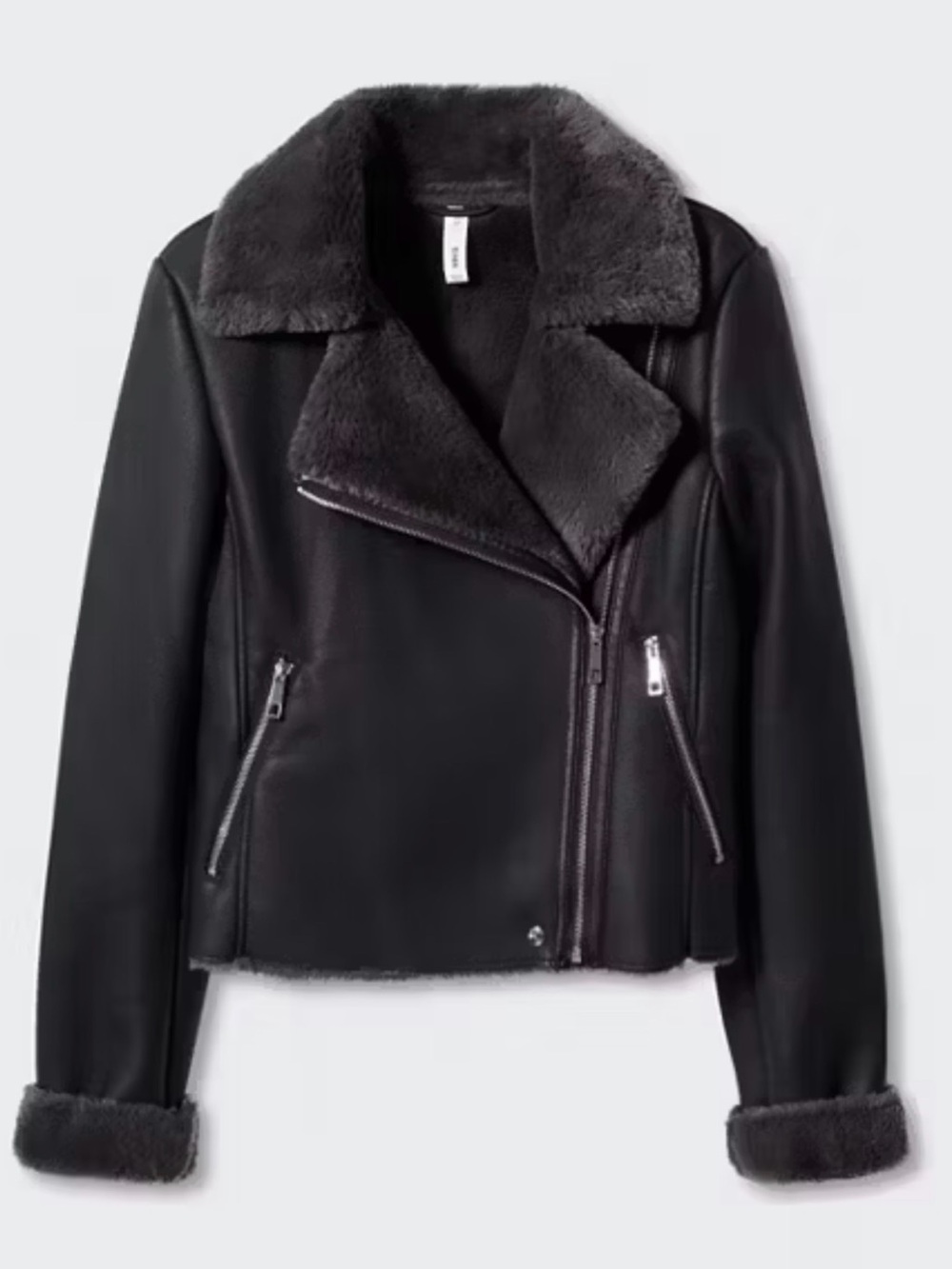 MANGO Shearling Biker Jacket with Leather and Faux Fur detail